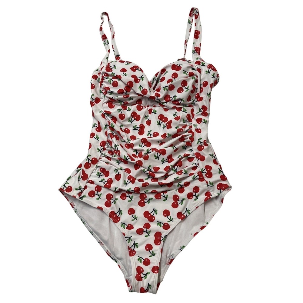 Womens Swimsuit White Red Cherry Print One Piece Size L Ruched Whimsical Beach
